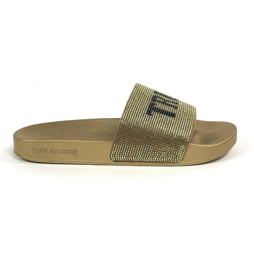 True Religion Womens 6 Medium Width Meyer Bling Gold Rhinestone Slides Sandals - Picture 3 of 8
